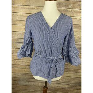 Beach Lunch Lounge Small Faux Wrap Blouse Ruffled Sleeve Blue White Stripe Top